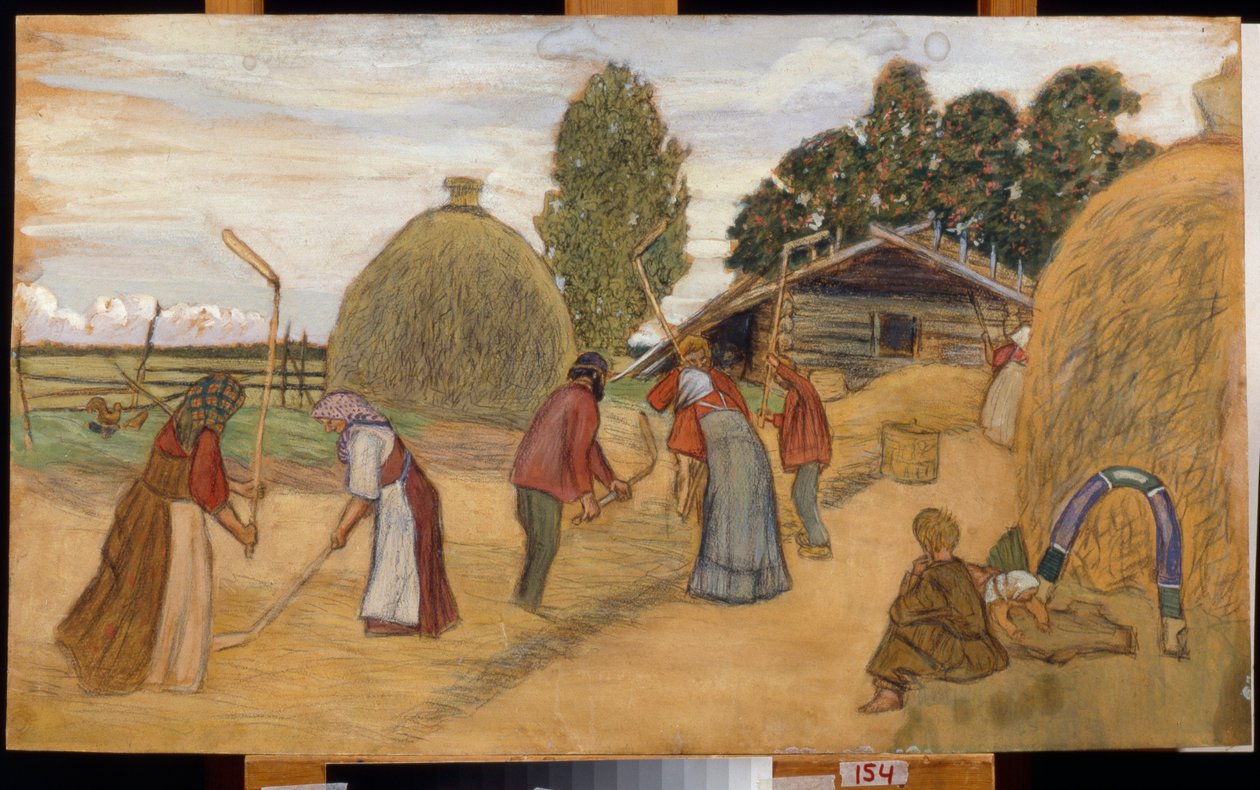 Az aratás cséplése szálkával (Threshing Floor) - Borisz Michaylovich Kustodiev (Koustodiev) (1878-1927) munkája, pasztell, karton, 59x100 cm alkotó: Boris Mikhailovich Kustodiev