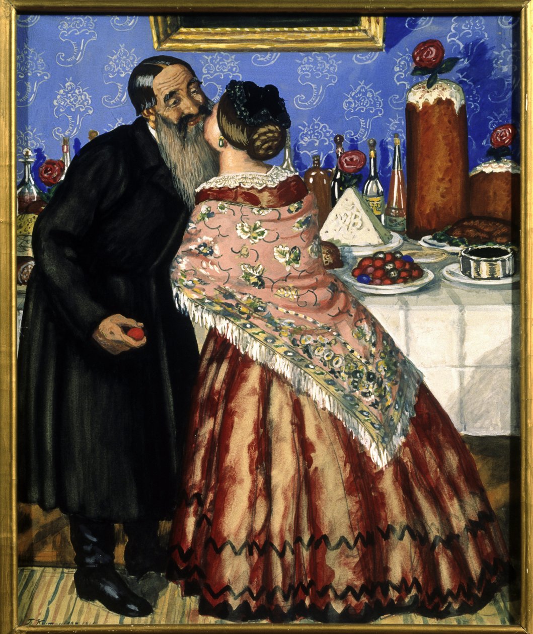 Húsvéti üdvözlet (pár csók az asztal mellett a húsvéti vacsorával) (A húsvéti üdvözlet) - Borisz Michailovics Kustodiev (1878-1927) festménye, tempera kartonon alkotó: Boris Mikhailovich Kustodiev