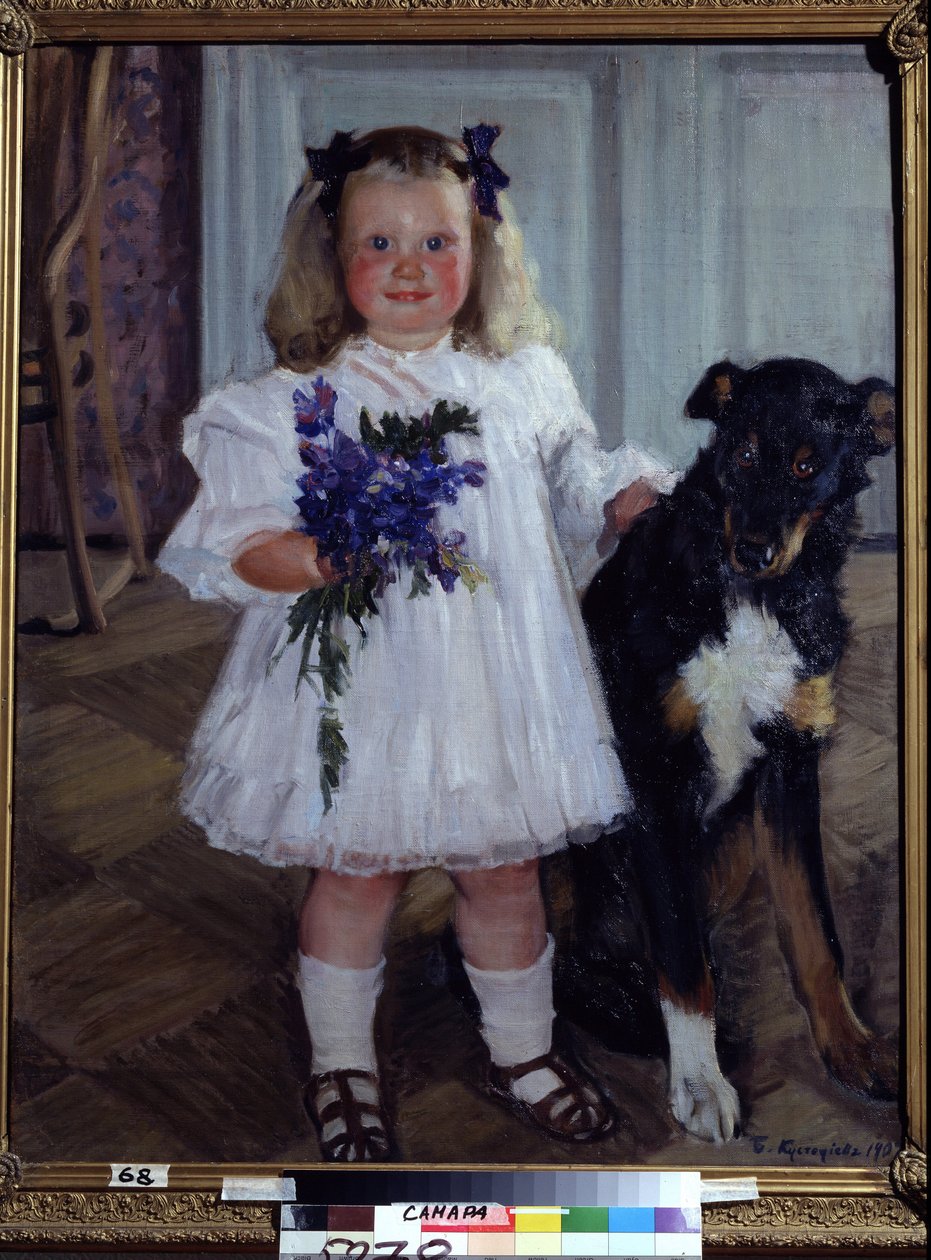 Portré a Lánya Irina A Kutyával Shumka. Borisz Michaylovich Kustodiev (Kustodiev) (1878-1927) festménye, olaj, vászon alkotó: Boris Mikhailovich Kustodiev