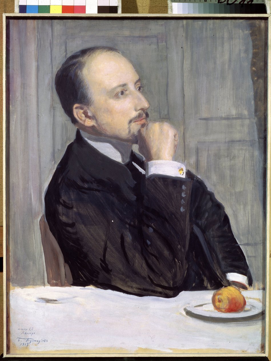 Evgeny Evgenyevich Lanceray művész portréja (Eugene Lancere) (1875-1946) (E. Lanceray művész portréja). Borisz Michaylovich Kustodiev (Koustodiev) (1878-1927) munkája, tempera kartonon alkotó: Boris Mikhailovich Kustodiev