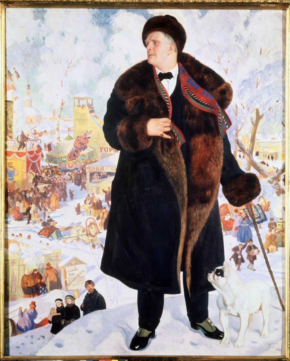 Feodor (Fiodor, Fedor) I. Chaliapin (Chaliapin) (1873-1938) énekes portréja (F.I.Shalyapin énekes portréja). Az énekes bundában és kalapban, egy rábámuló bulldog kíséretében áll büszkén egy film animációi előtt. alkotó: Boris Mikhailovich Kustodiev