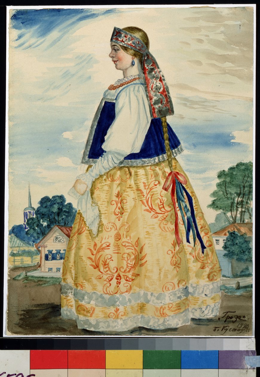 Jelmeztervezés Alexandre Osztrovszkij (Ostrovsky) A vihar című darabjához (1823-1886) (A. Osztrovszkij A vihar című darabjának jelmezterve). Borisz Michaylovich Kustodiev (Koustodiev) (1878-1927) munkája, akvarell papíron alkotó: Boris Mikhailovich Kustodiev