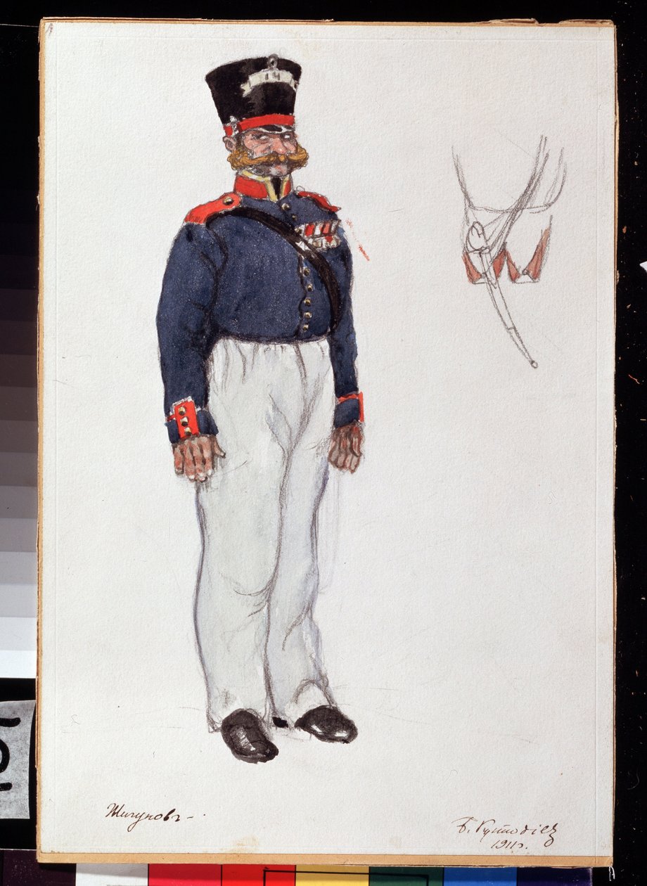 Jelmeztervezés Alexandre Ostrovski (1823-1886) Coeur ardent című színházi darabjához (A. Ostrovsky Tüzes szív című színházi darabjának jelmezterve). Borisz Michaylovich Kustodiev (Koustodiev) (1878-1927) munkája, ceruza és akvarell papíron alkotó: Boris Mikhailovich Kustodiev