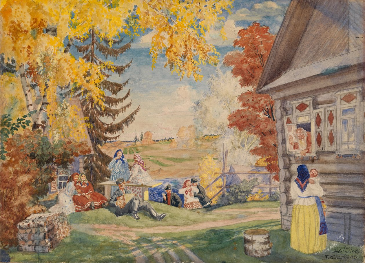 Színpadterv Alekszandr Neverov Parasztnők című színházi darabjához, 1920 alkotó: Boris Mikhailovich Kustodiev