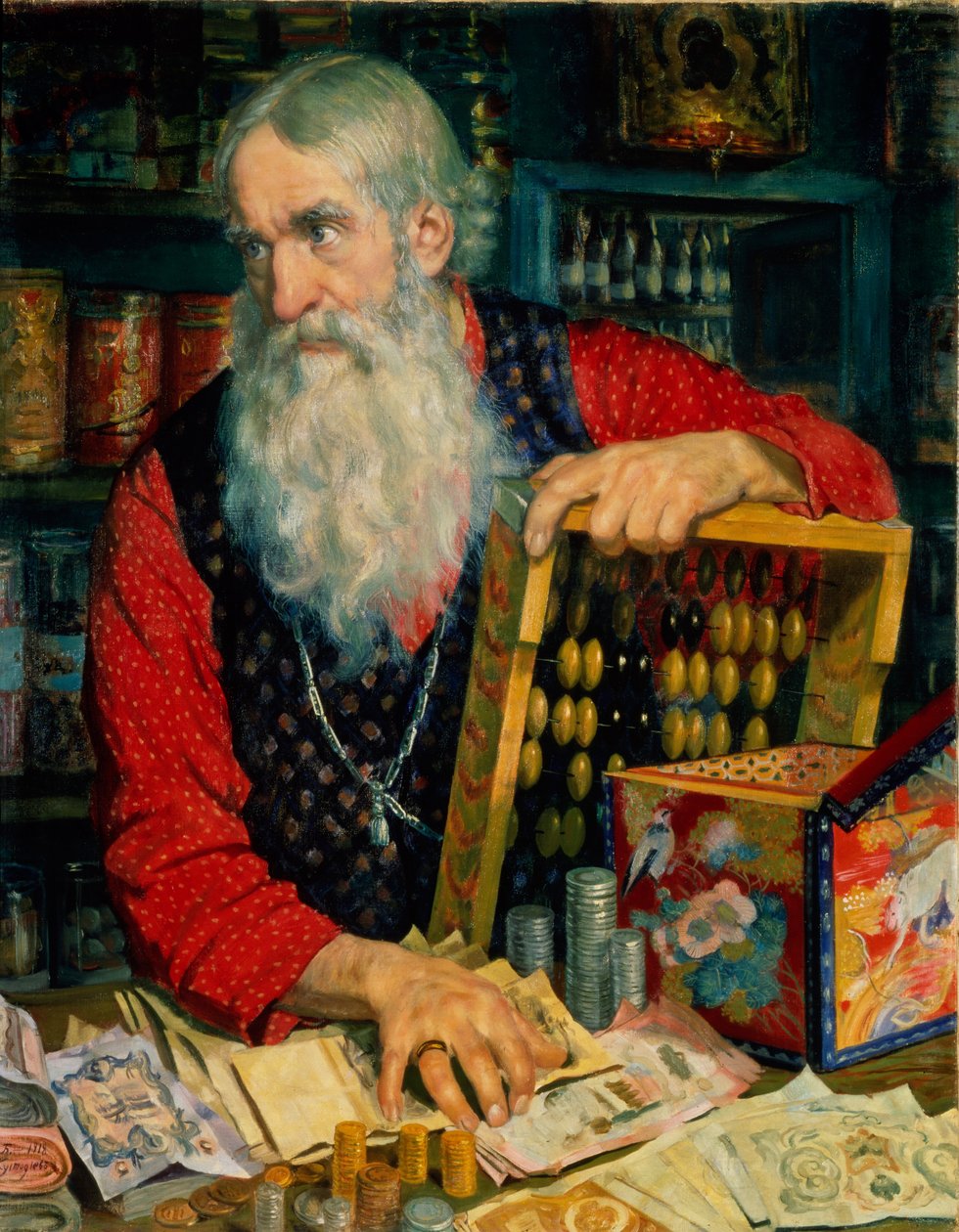 A pénzes kereskedő öregember, 1918 alkotó: Boris Mikhailovich Kustodiev