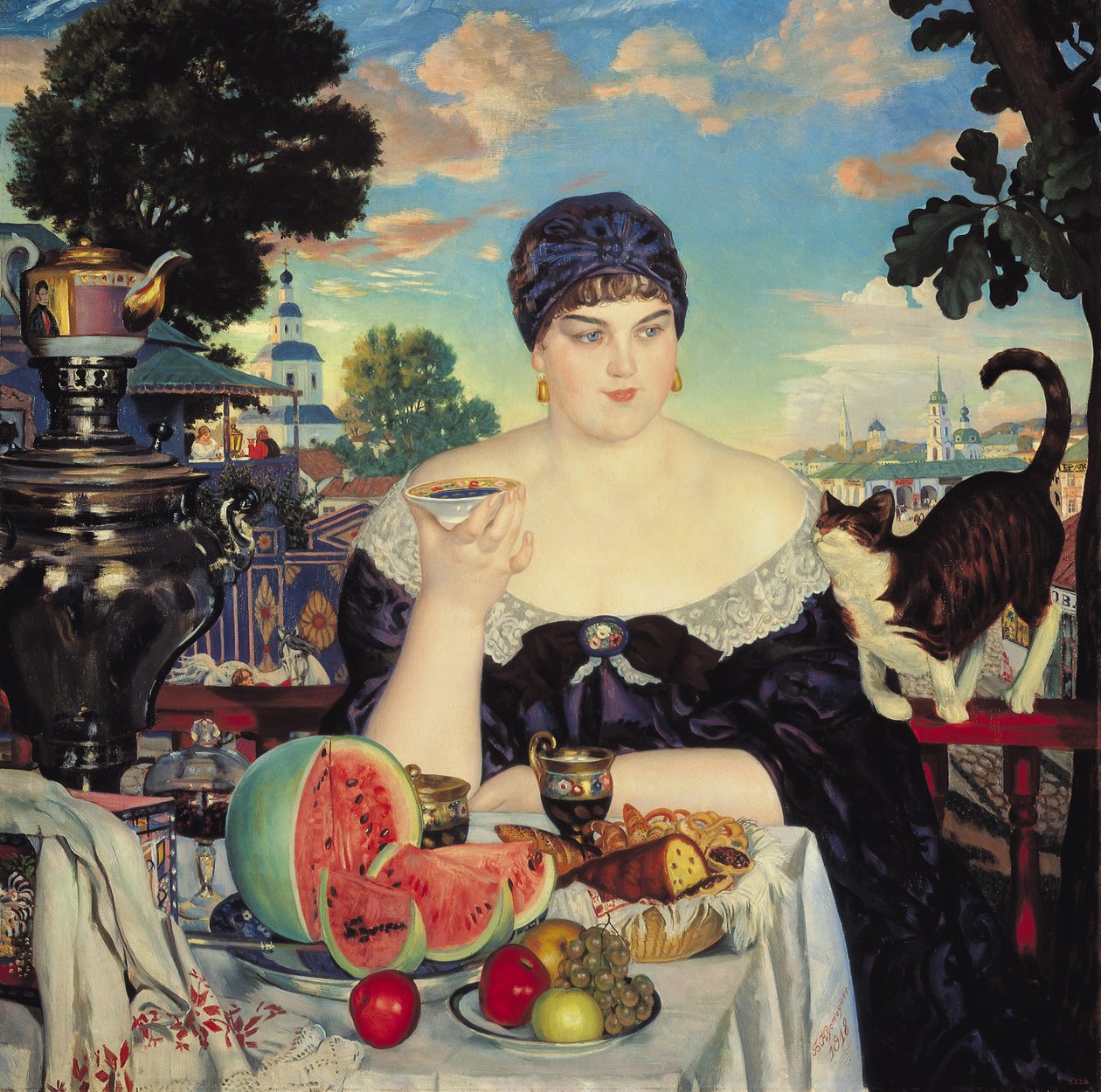 A kereskedő felesége a teában alkotó: Boris Mikhailovich Kustodiev