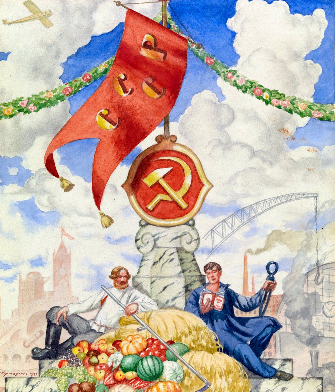""Munkás és gazda egyesült a kommunista zászló alatt"" Propaganda plakát, Borisz Michaylovich Kustodiev (1878-1927) 1923 Méret 27x23 cm Magángyűjtemény alkotó: Boris Mikhailovich Kustodiev