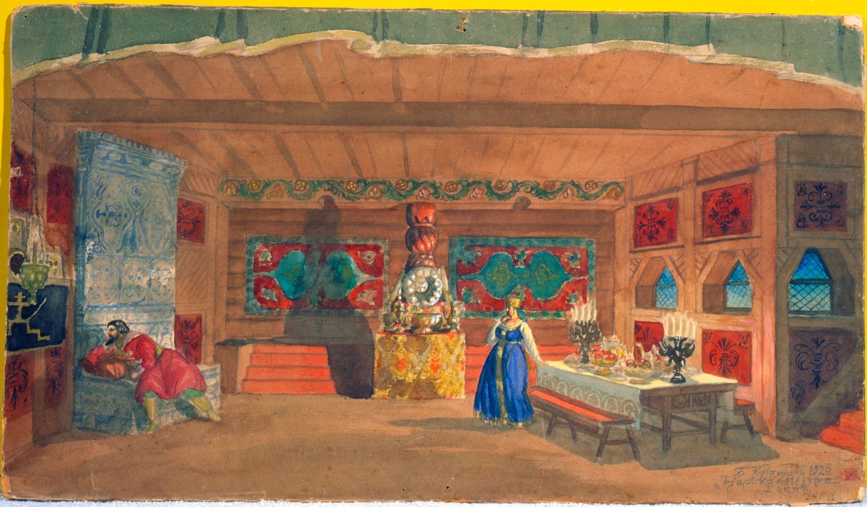 Színpadterve Nyikolaj Rimszkij-Korszakov A cárok menyasszonya című operájához, 1920 alkotó: Boris Mikhailovich Kustodiev