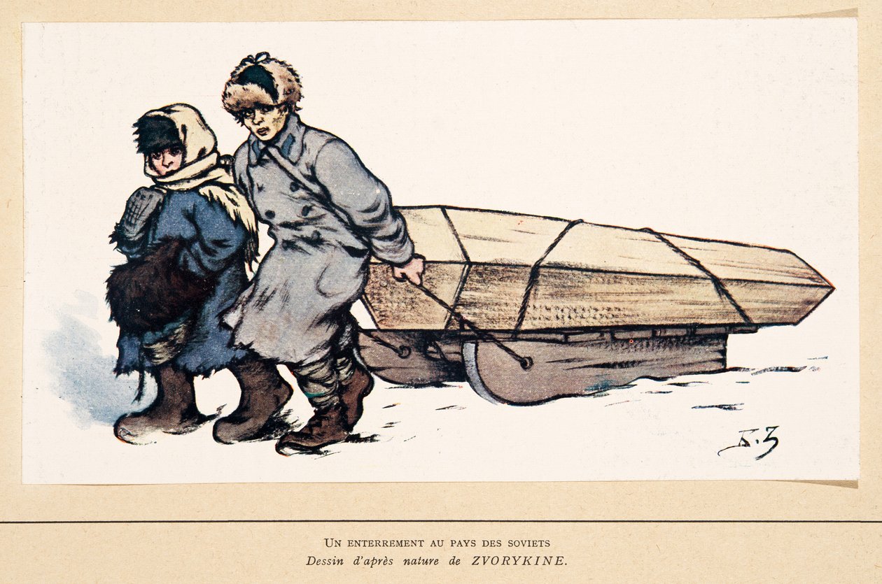 Temetés Oroszországban, a Histoire des Soviets kocsmából. 1922 (színes litó) alkotó: Boris Vasilievich Zvorykin