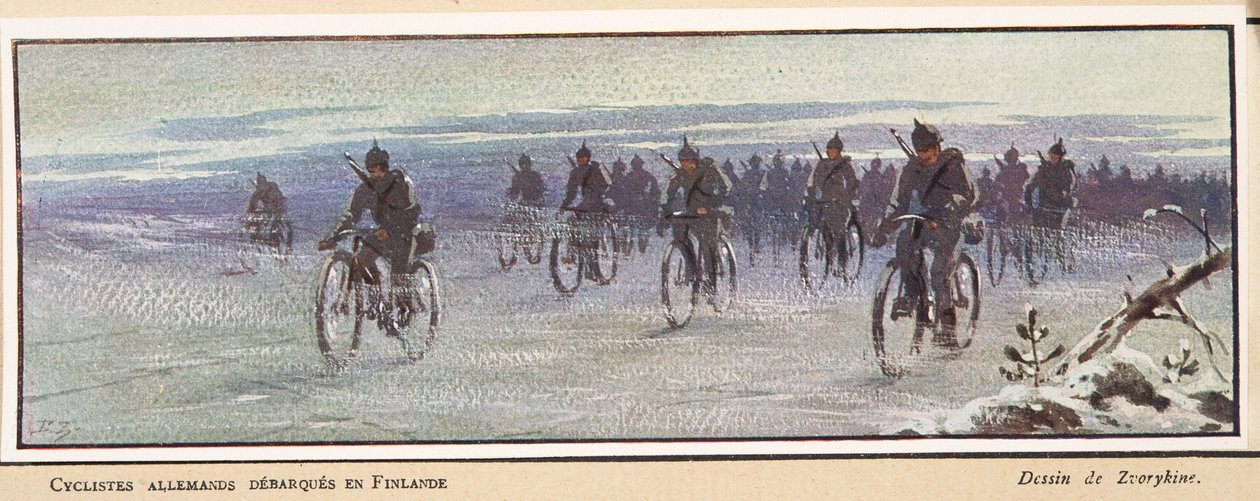 Finnországba érkező német kerékpárosok; a Histoire des Soviets, pub. 1922 (színes litó) alkotó: Boris Vasilievich Zvorykin