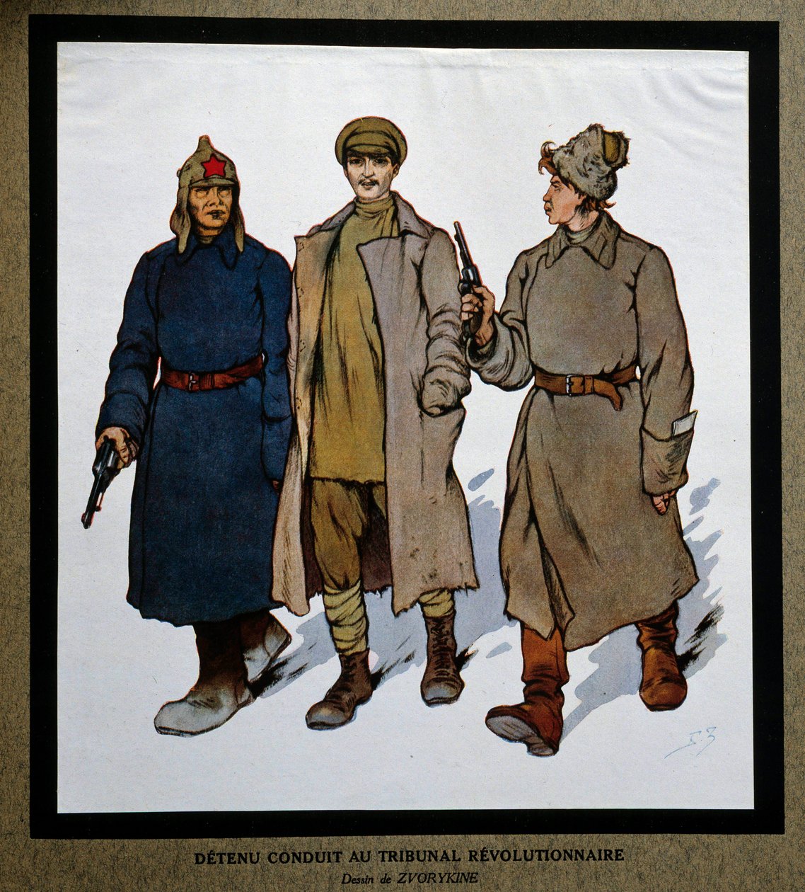 Oroszország az 1917-es forradalom után: „A forradalmi törvényszék elé állított detenu”. Borisz Zvorykin (1872-1935) rajza. Társadalomtörténeti Intézet, Montreuil alkotó: Boris Vasilievich Zvorykin