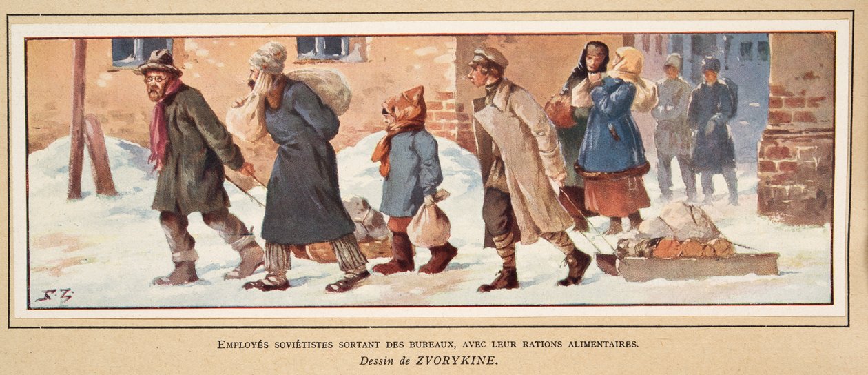 Szovjet munkások, akik ételadagjukkal hagyják el az irodát, a Histoire des Soviets kocsmából. 1922 (színes litó) alkotó: Boris Vasilievich Zvorykin