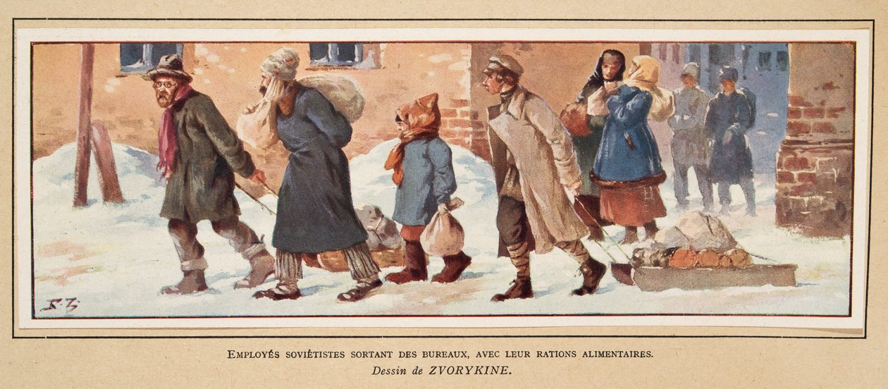 Szovjet munkások, akik ételadagjukkal hagyják el az irodát, a Histoire des Soviets kocsmából. 1922 (színes litó) alkotó: Boris Vasilievich Zvorykin