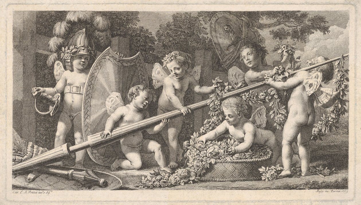 Hat putti játszik a Mars karjaival, négyen egy nagy lándzsát kapaszkodnak, egy a bal oldalon..., 1769. alkotó: Bossi