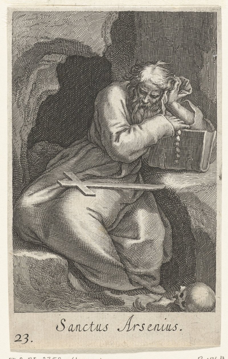 Nagy Szent Arzén, mint remete Sanctus Arsenius (cím a tárgyon) Remeték (sorozat címe) Sacra eremvs ascetarvm (sorozat címe) alkotó: Boëtius Adamsz. Bolswert
