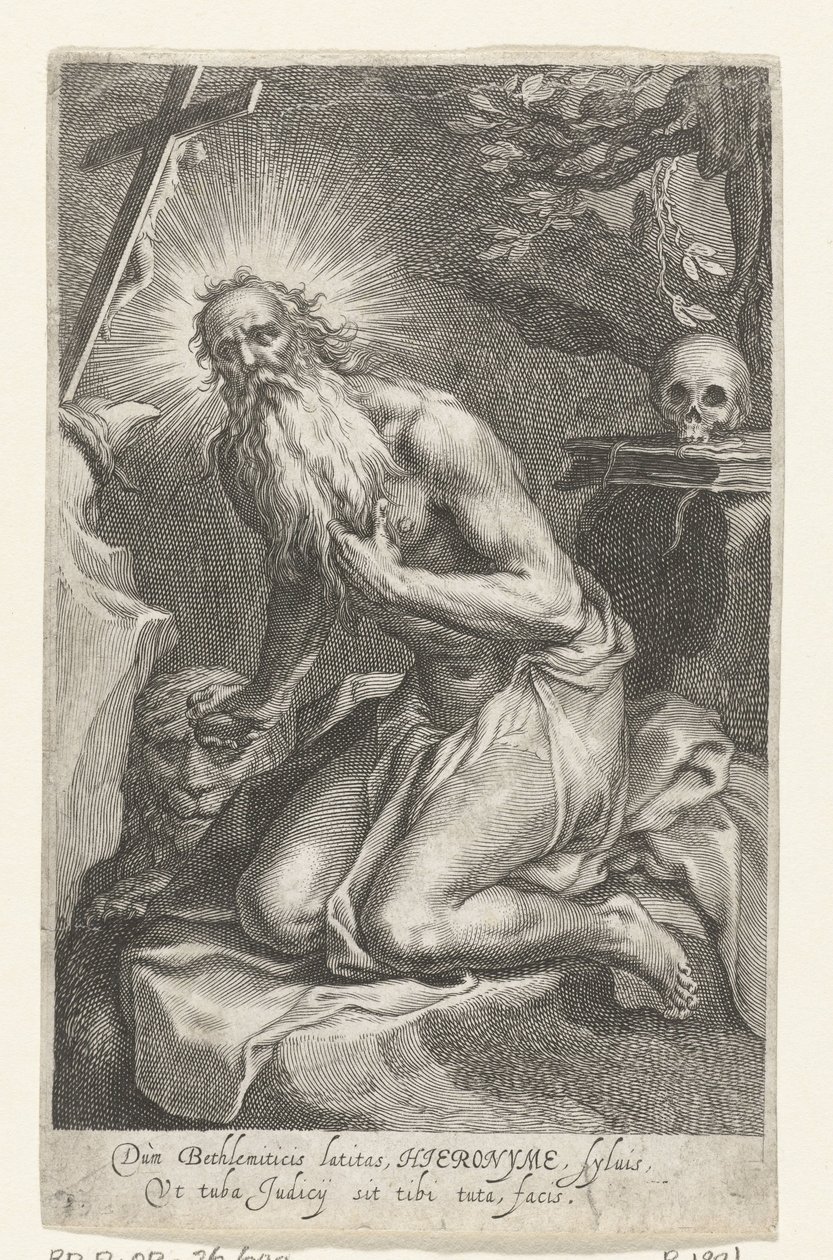 Betlehemi Szent Jeromos mint remete Dùm Bethlemiticis latitas (...) tibi tuta facis (cím a tárgyon) Remeték (sorozat címe) Ad sacrum speculum (...) patribus that ales (sorozat címe) alkotó: Boëtius Adamsz. Bolswert