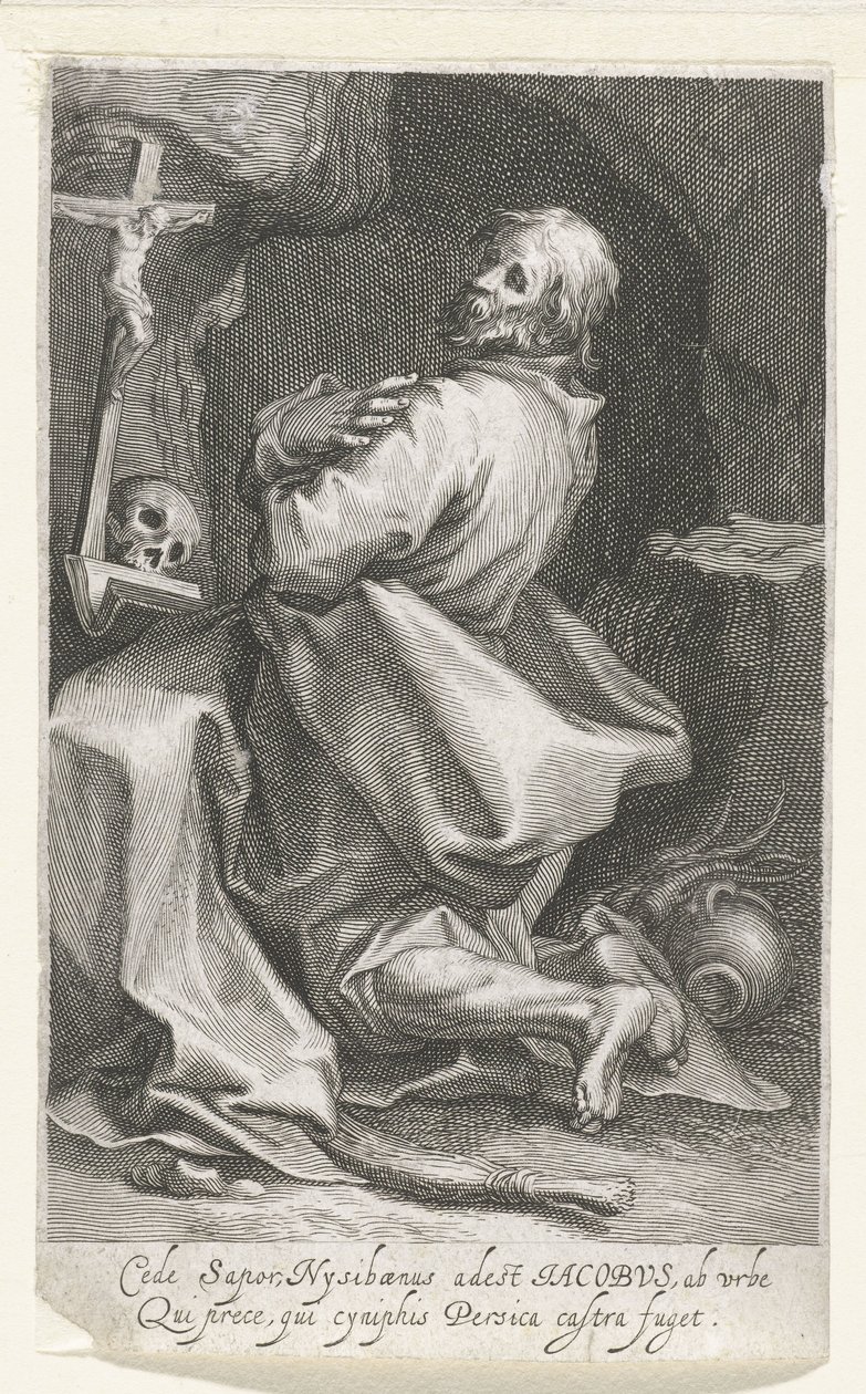 Heilige Jacobus van Nisibis als kluizenaar Cede sapor Nysibaenus (...) Persica elmenekül a táborból (cím a tárgyon) Kluizenaars (sorozat címe) A szent tükörnél (...) szárnyakat ad az atyáknak (sorozat címe) alkotó: Boëtius Adamsz. Bolswert