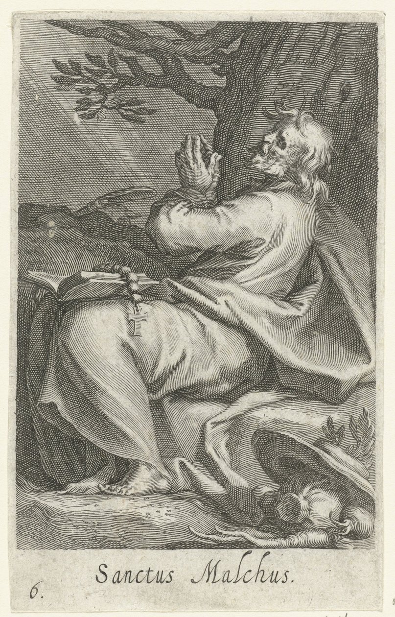 Kálci Szent Malkusz mint remete Sanctus Malchus (cím a tárgyon) Remeték (sorozat címe) Sacra eremvs ascetarvm (sorozat címe) alkotó: Boëtius Adamsz. Bolswert