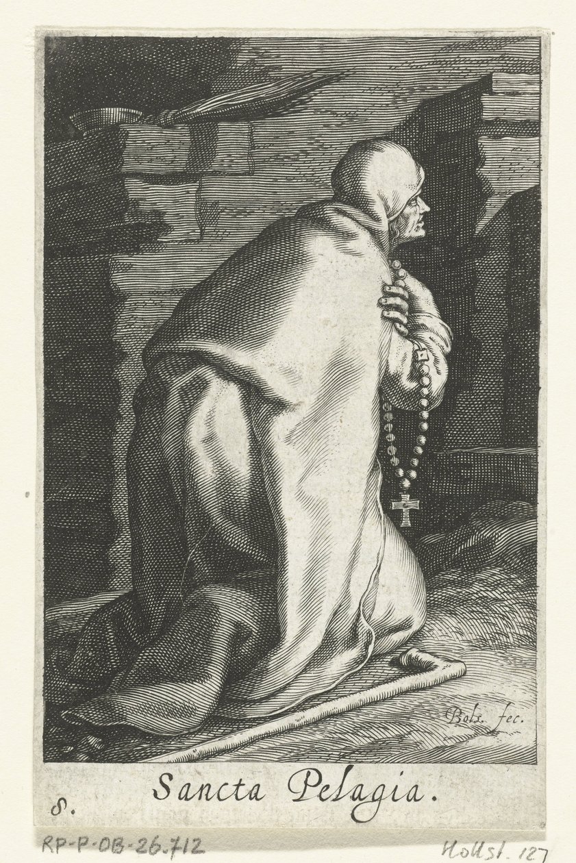Antiochiai Szent Pelagia remetenőként Sancta Pelagia (cím a tárgyon) Remetenők (sorozat címe) Sacra Eremus Ascetriarum (sorozat címe) alkotó: Boëtius Adamsz. Bolswert