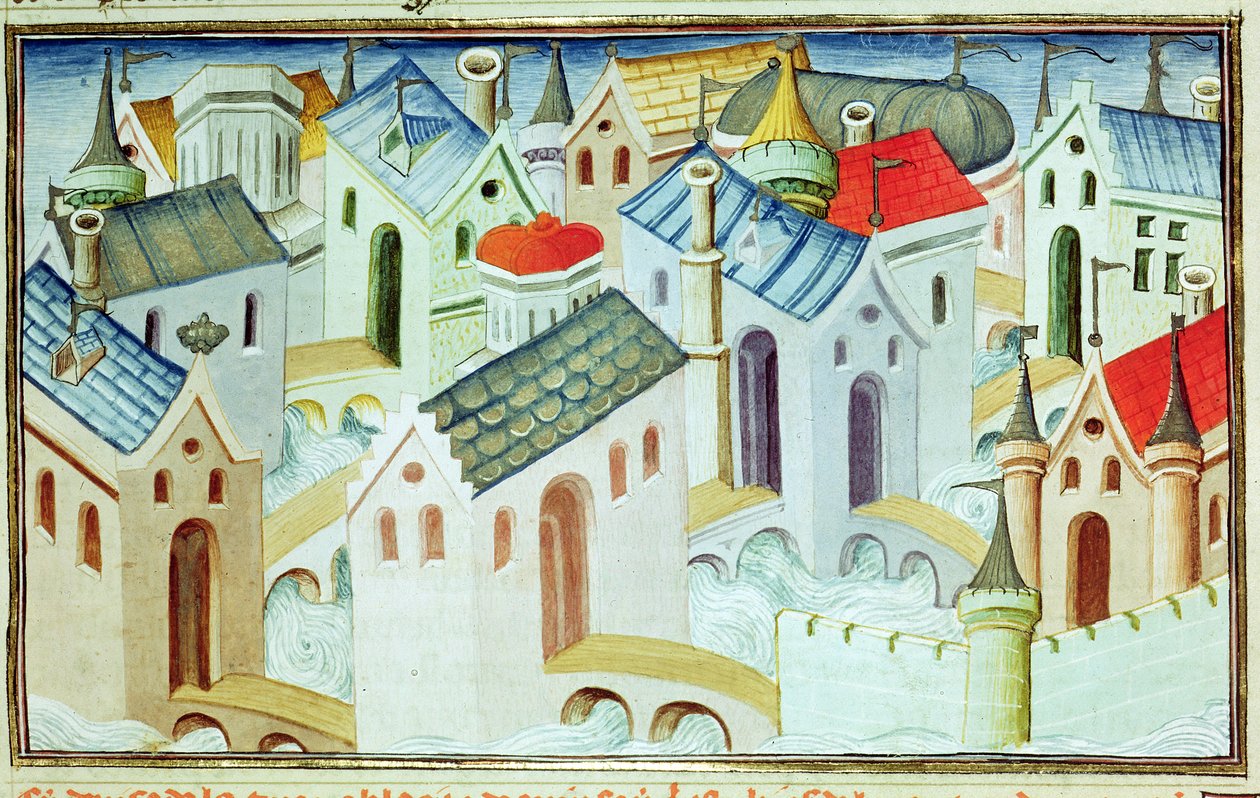 Ms 2810 f.67, Kinsai városa, a „Livre des Merveilles du Monde”-ból, 1410–1412 körül (tempera pergamen) alkotó: Boucicaut Master