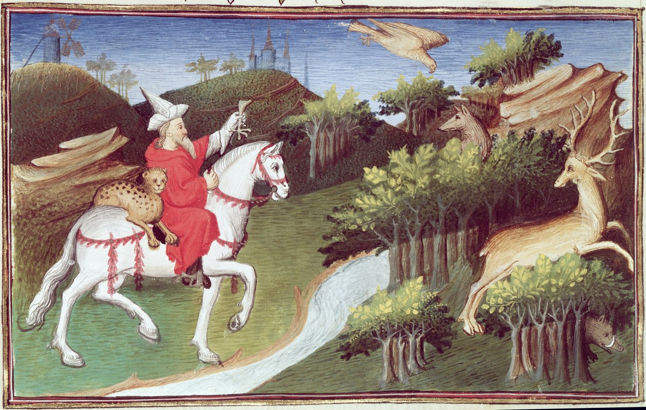 Ms Fr 2810 f.31v, A Nagy Kán elengedi sasát egy őzike ellen, a „Livre des Merveilles du Monde”-ból, 1410-12 körül (tempera pergamen) alkotó: Boucicaut Master