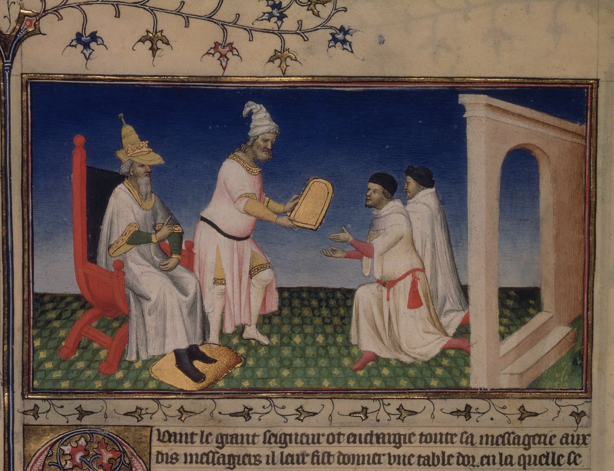 Ms Fr 2810 f.3v, Kublai kán Nicolo és Marco Polo biztonságos viselkedését Pekingnek adta, aranypecsétjével a Poloshoz Cambalucban 1292-ben, a „Le Livre des Merveilles”-ből, 1410–1212 körül (tempera pergamen) alkotó: Boucicaut Master