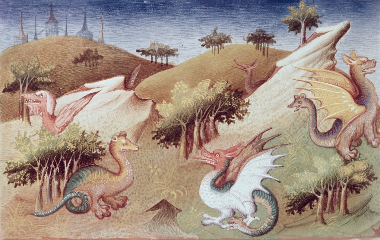 Ms Fr 2810 f.55v, Sárkányok és egyéb vadállatok, „Le Livre des Merveilles du Monde”, 1410–1212 körül (tempera pergamen) alkotó: Boucicaut Master