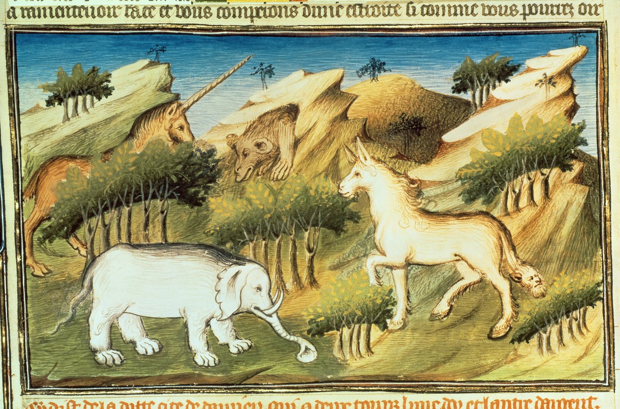 Ms Fr 2810 f.59v, Mitikus állatok a vadonban, „Livre des Merveilles du Monde”, 1410–1412 körül (tempera pergamen) alkotó: Boucicaut Master
