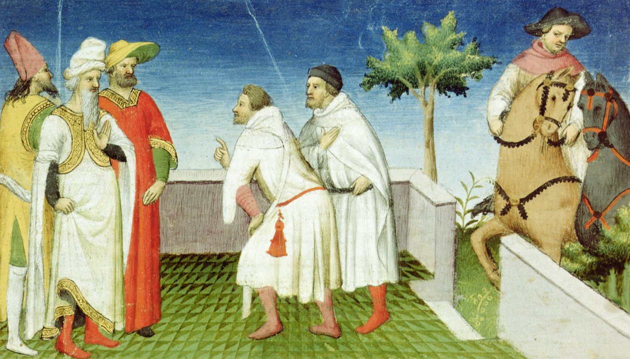 Ms Fr 2810 f.6, Nicolo, Marco és Matteo Polo búcsút vesz a Nagy Kántól, Livre des Merveilles du Monde, 1410-12 körül (tempera pergamen) alkotó: Boucicaut Master