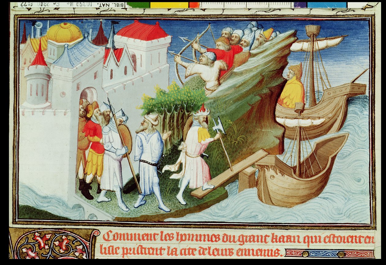 Ms Fr 2810 f.72, A Nagy Kán katonái elfoglalják Sypangu szigetét a „Livre des Merveilles du Monde”-ból, 1410-12 körül (tempera on vellum) (lásd még: 220421) alkotó: Boucicaut Master