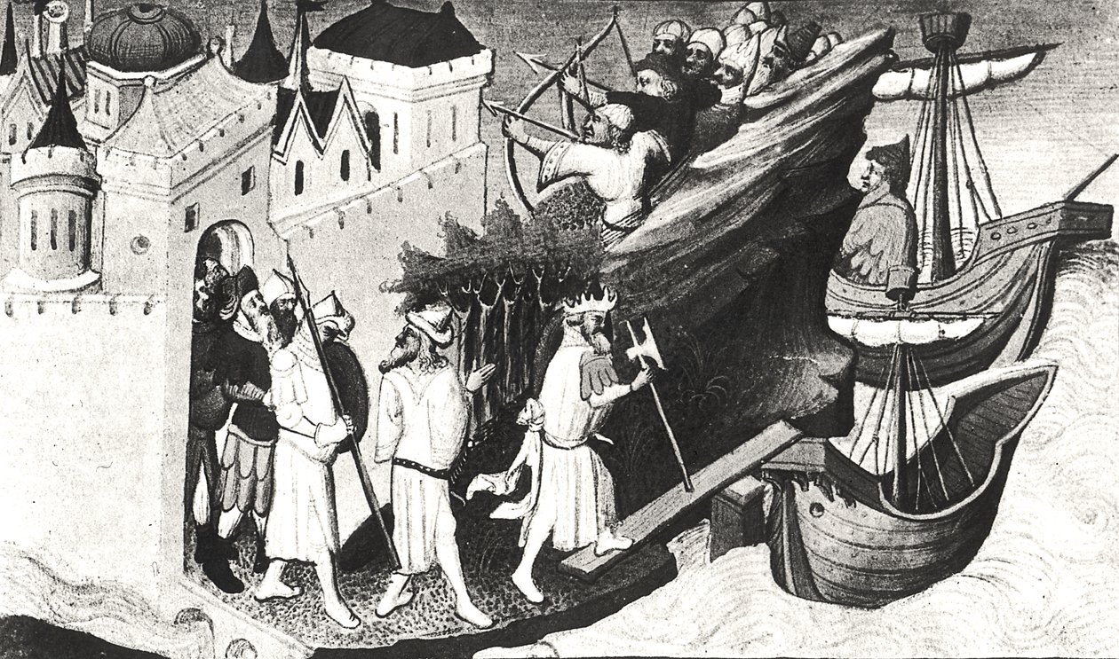Ms Fr 2810 f.72, A nagy kánok katonák elfoglalják Sypangu szigetét a Livre des Merveilles du Monde-tól, 1410-12 körül (tempera on vellum) (lásd még: 176644) alkotó: Boucicaut Master