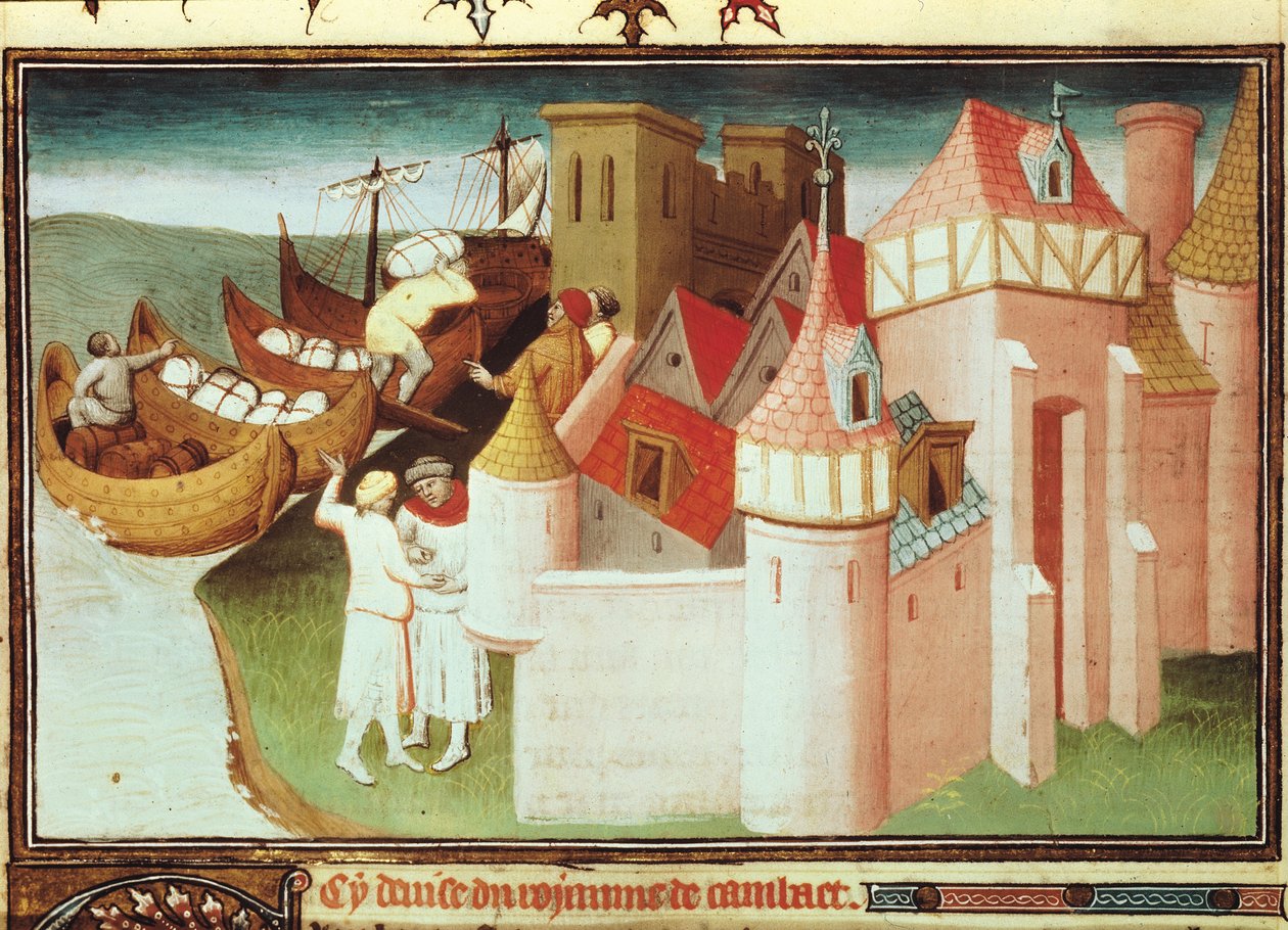 Ms Fr 2810 f.86v, Kereskedelem a Cambay-öbölben, India, a „Livre des Merveilles du Monde”-tól, 1410–1212 körül (tempera on vellum) alkotó: Boucicaut Master