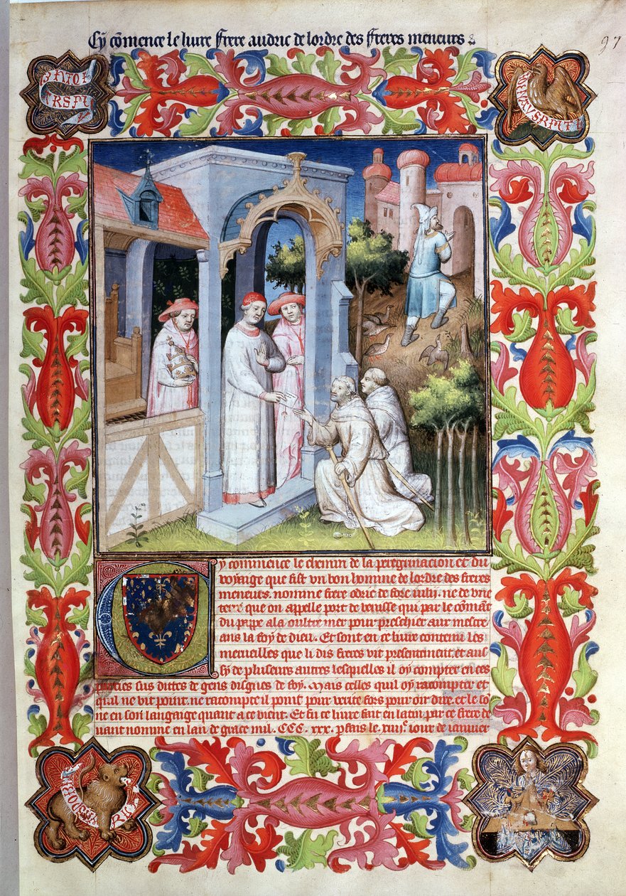 Ms. Fr 2810 f.97, Odorico da Pordenone és Ír Jakab búcsút vesz XXII. János pápától, a „Livre des Merveilles du Monde”-ból, 1410–1212 körül (tempera pergamen) alkotó: Boucicaut Master