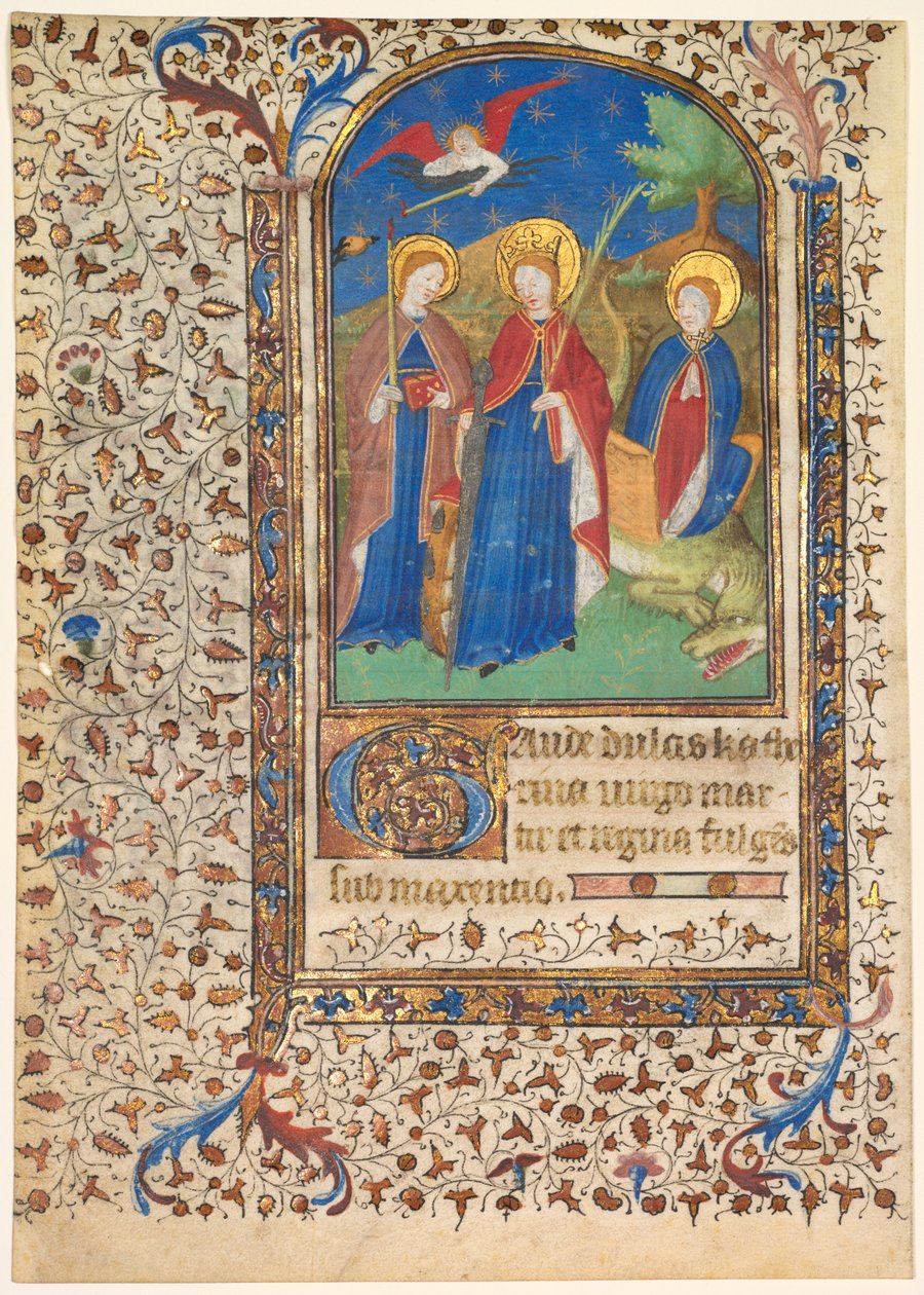 Levél az órák könyvéből: Sts. Geneviève, Alexandriai Katalin és Margaret recto..., c. 1415 alkotó: Boucicaut Master