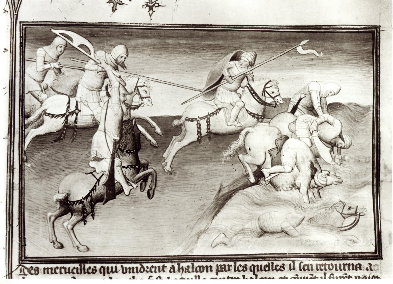Ms Fr 2810 A mongol vezér, Hulagu, az Ilkhanátus kánja 1262-ben üldözi unokatestvérét, Berkét, a Kipchak vagy az Arany Horda kánját, és egy folyóba kényszeríti Livre des Merveilles du Monde-ból, 1410 körül- alkotó: Boucicaut Master