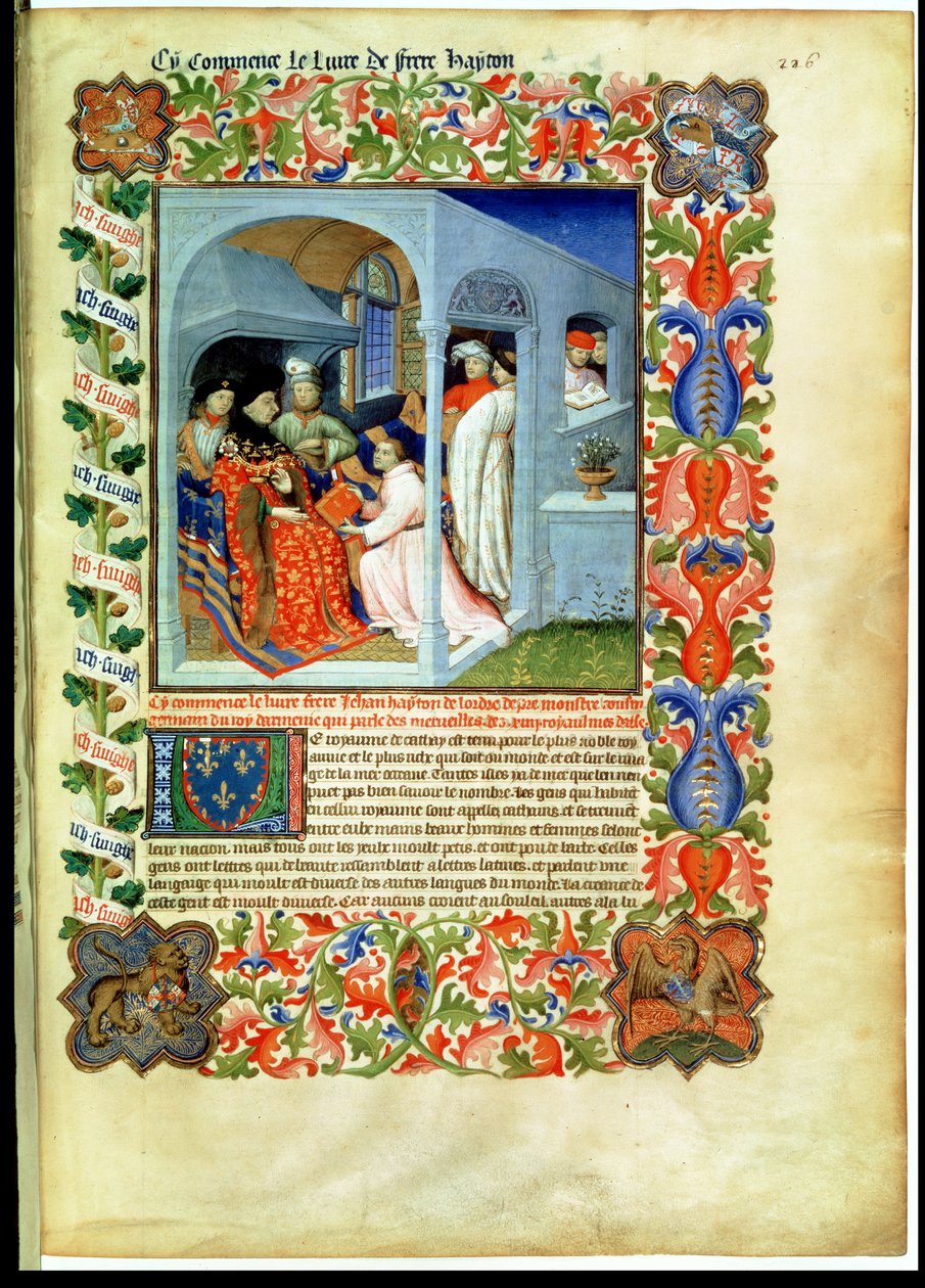 Ms Fr 2810 f.226, Hayton testvér bemutatja könyvét Jean Sans Peurnek, a „Livre des Merveilles du Monde”-ból, 1410-1212 körül (tempera 1vellumon) alkotó: Boucicaut Master