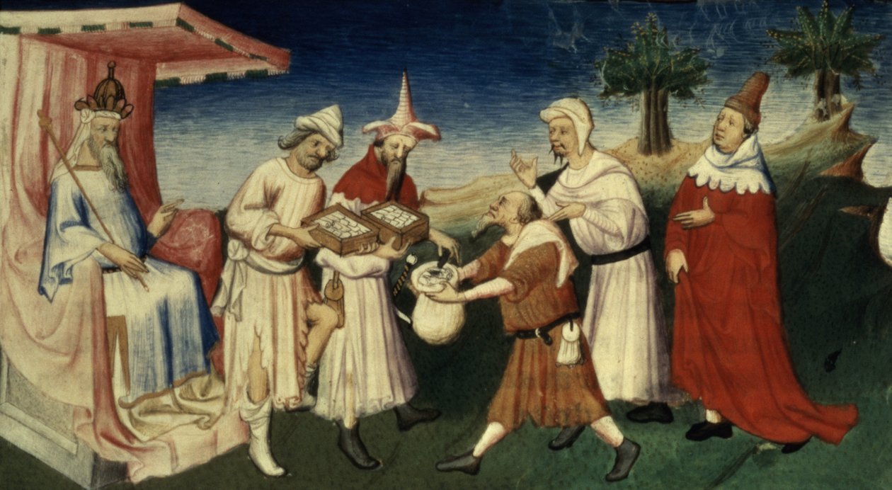 Ms Fr 2810 f.45, Hogyan használta a nagy kán a fa kérgét pénznemként, a „Livre des Merveilles du Monde”-ból, 1410–1212 körül (tempera pergamen) alkotó: Boucicaut Master