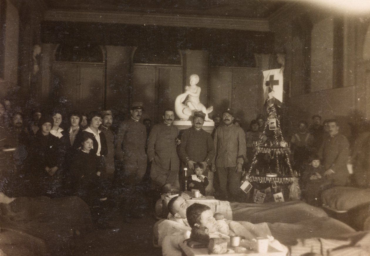 Album az első világháborúról Friuli-Venezia Giuliában: csoportos portré karácsony napján a Villa Brazzàban, ahol a Soleschiano Manzano-i hadikórház 17-e található, 1915.12.25. (f/w fotó) alkotó: Bourbon Del Monte