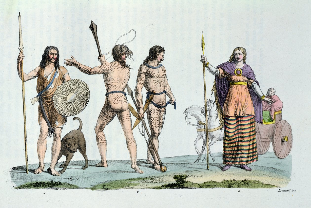 Kelta nép Julius Caesar idejében, illusztráció Jules Ferrario „Le Costume Ancien ou Moderne” című művéből, 1820 körül Milánóban (színes metszet) alkotó: G. and Raineri Bramatti