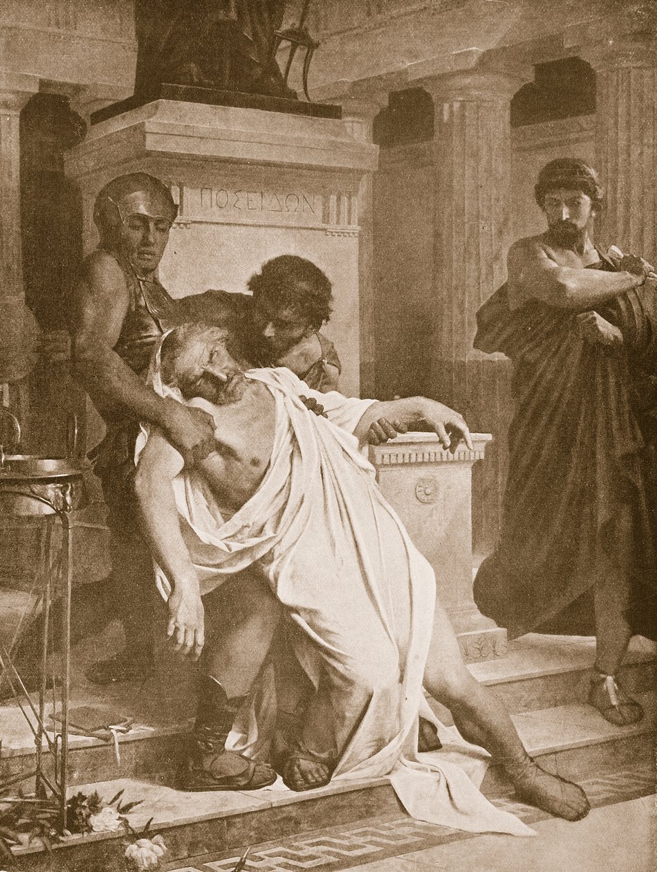 Démoszthenész halála, illusztráció a „Hutchinsons History of the Nations” című könyvéből, 1910 körül alkotó: Bramtott