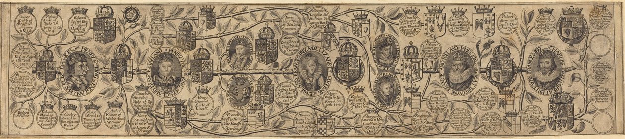 Családfa VII. Henrik, VIII. Henrik, Erzsébet, Jakab és Károly portréival alkotó: British 17th Century
