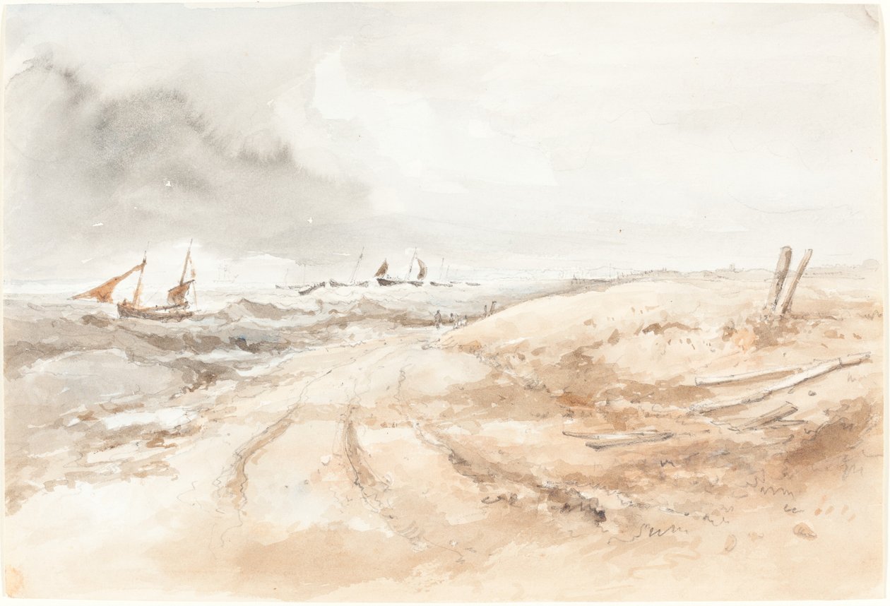 Shore jelenet csónakokkal hullámos vízben alkotó: British 19th Century