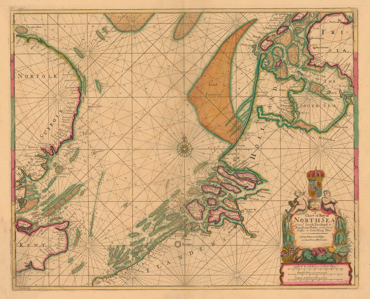 Az Északi-tenger térképe South Forelandtól Burnham Flattsig és Callis-tól Schelling-szigetig, 1700 körül (színes metszet) alkotó: British School