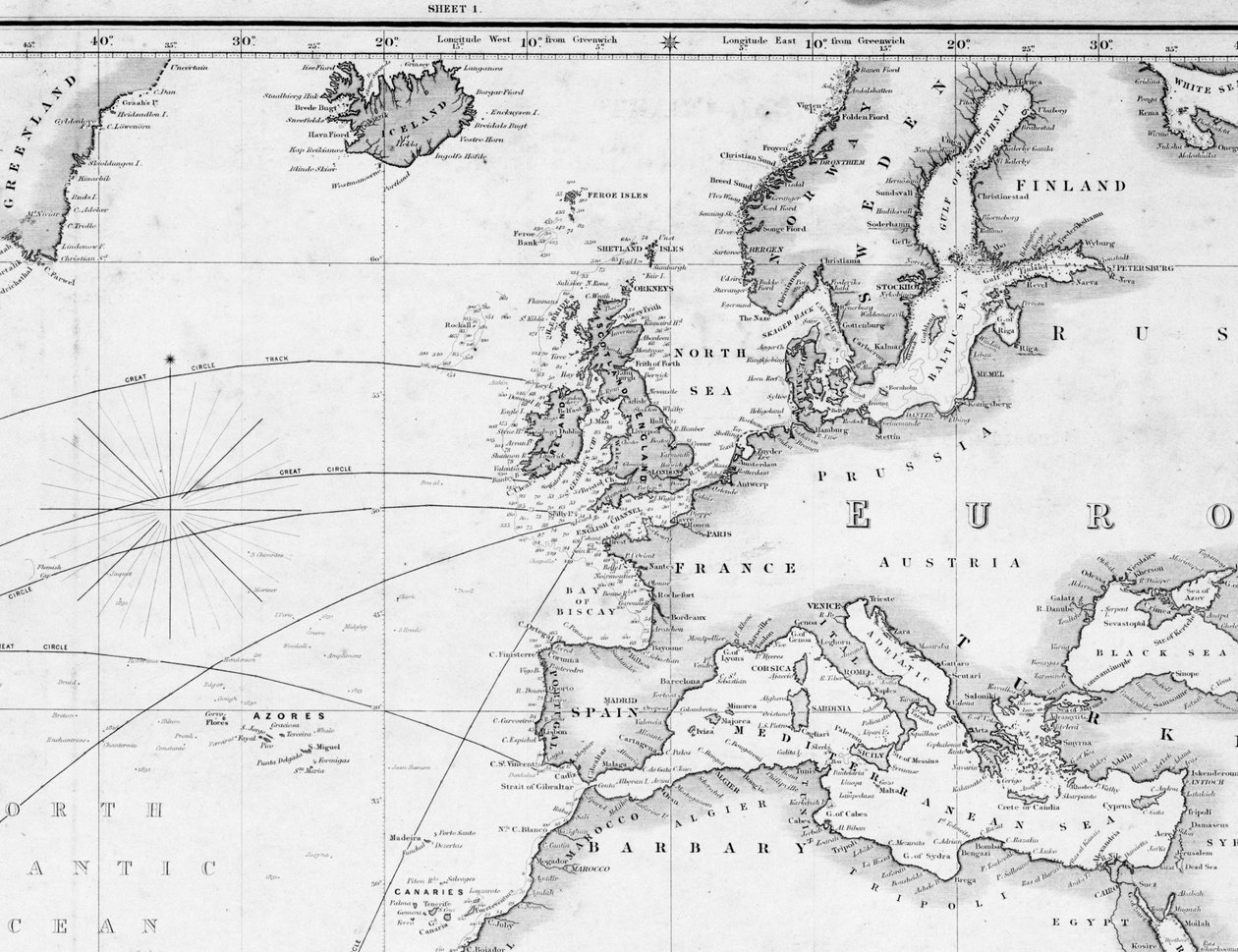 Általános térkép a hajóútvonal kijelölésére Angliától dél felé és a világ körül (részlet) alkotó: British School