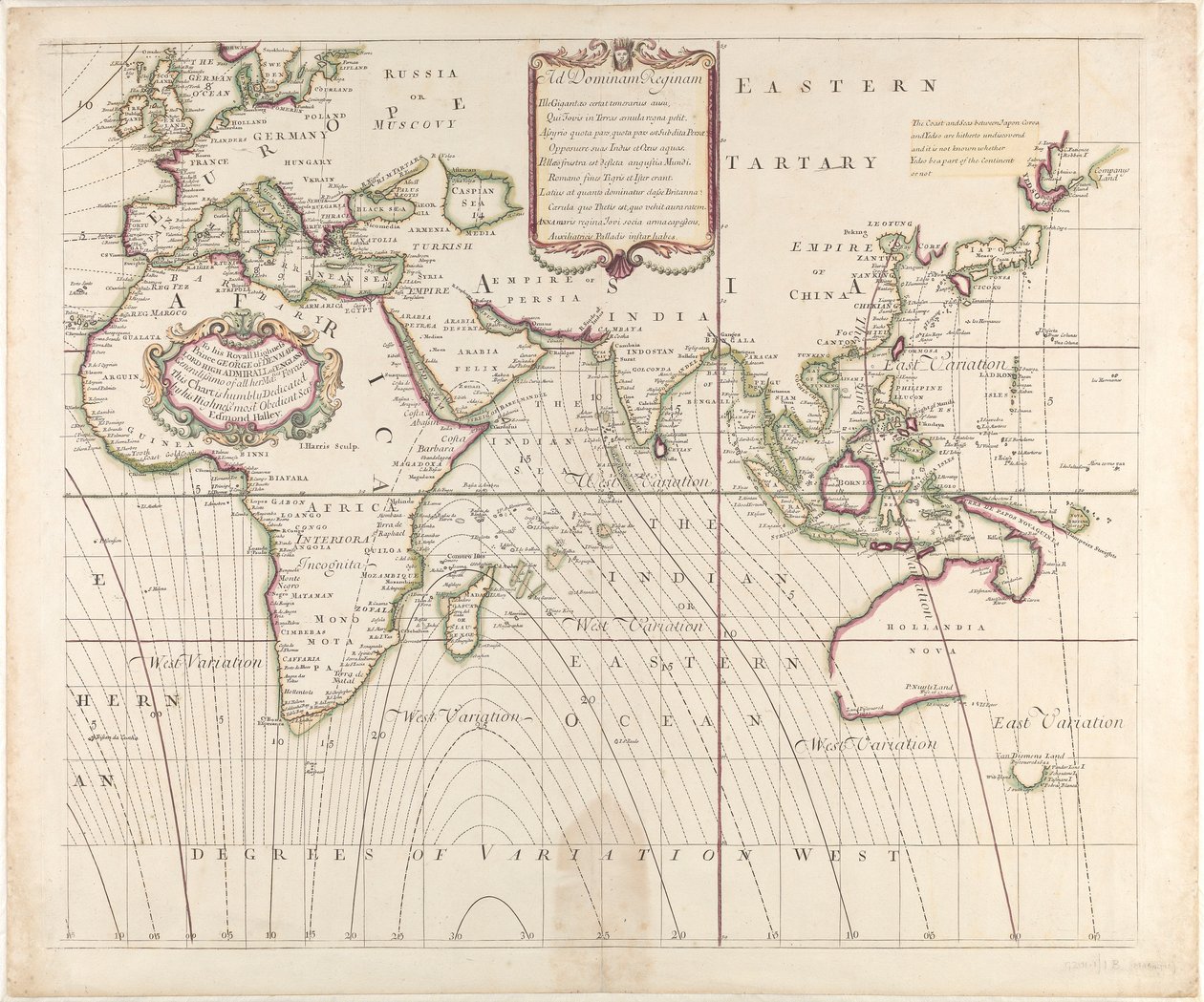 Az egész világ új és helyes tengeri térképe, amely az iránytű változatait az 1700. évben találtak szerint mutatja be. alkotó: British School