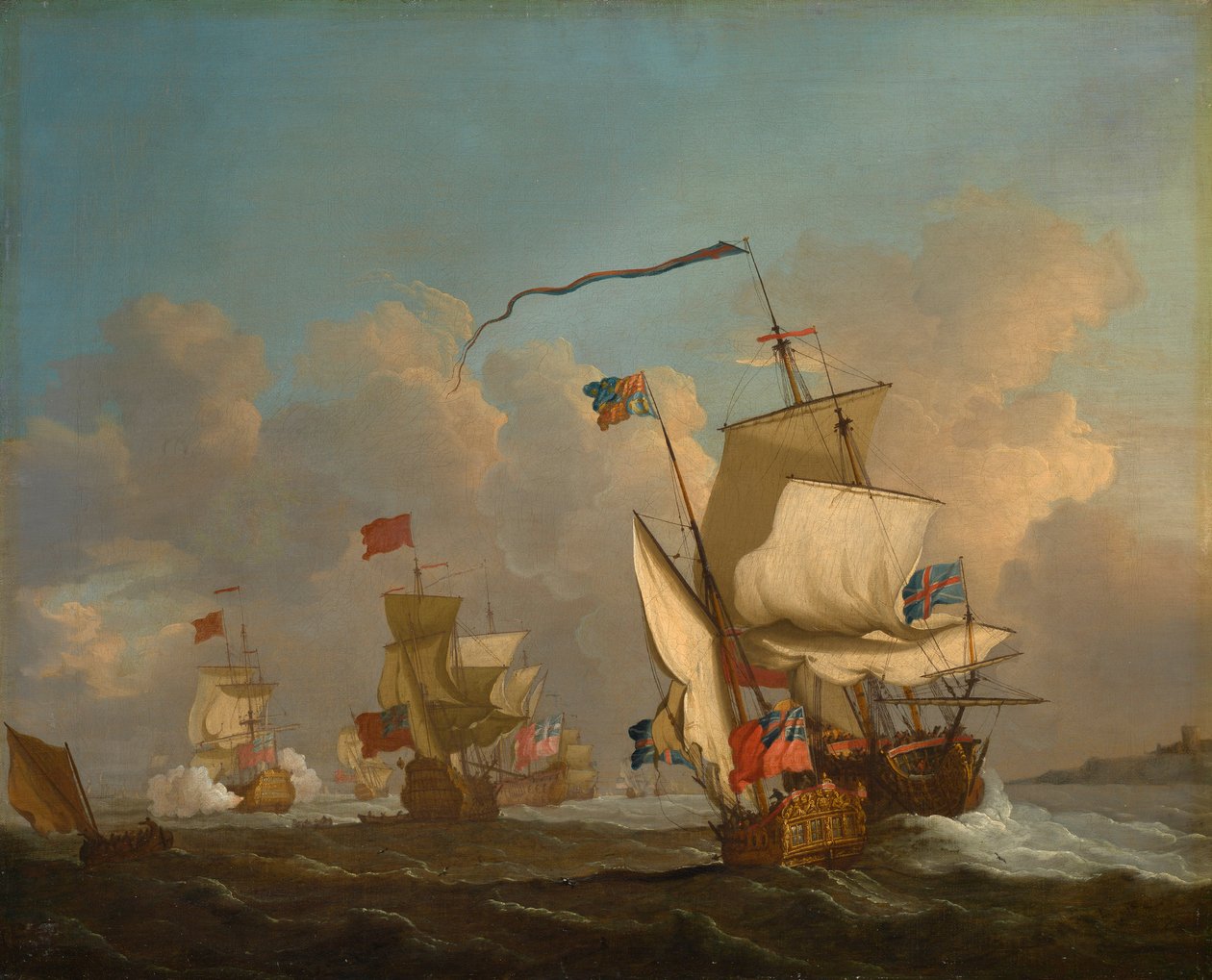 Királyi jacht egy flottával, amely szeles időben elindul, 1720 körül (olaj, vászon) alkotó: British School