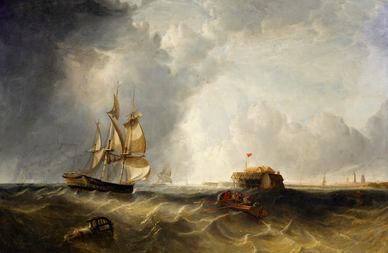 Egy vitorlás és egy evezős hajó Calais-nál alkotó: British School