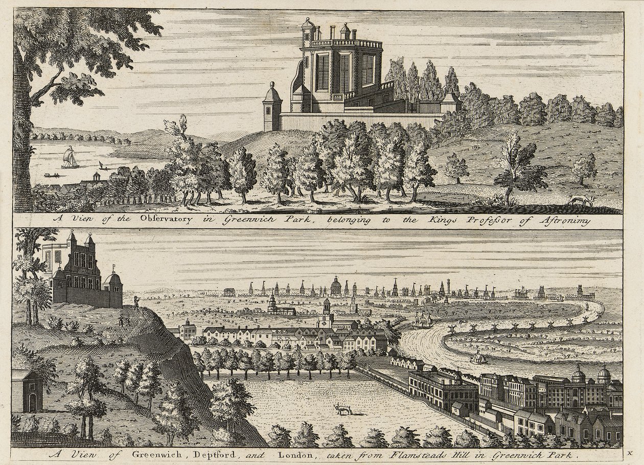 "A Greenwich Parkban lévő csillagvizsgáló látképe...[és] Deptford és London látképe a Greenwich Parkban lévő Flamsteed Hillről", 1750 körül (metszet). alkotó: British School