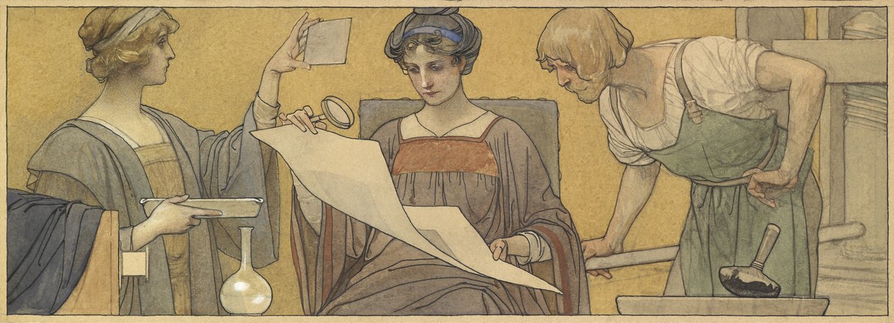 A nyomtatás és a fényképezés allegóriája (akvarell testfestékkel, tollal és tintával papíron) alkotó: British School