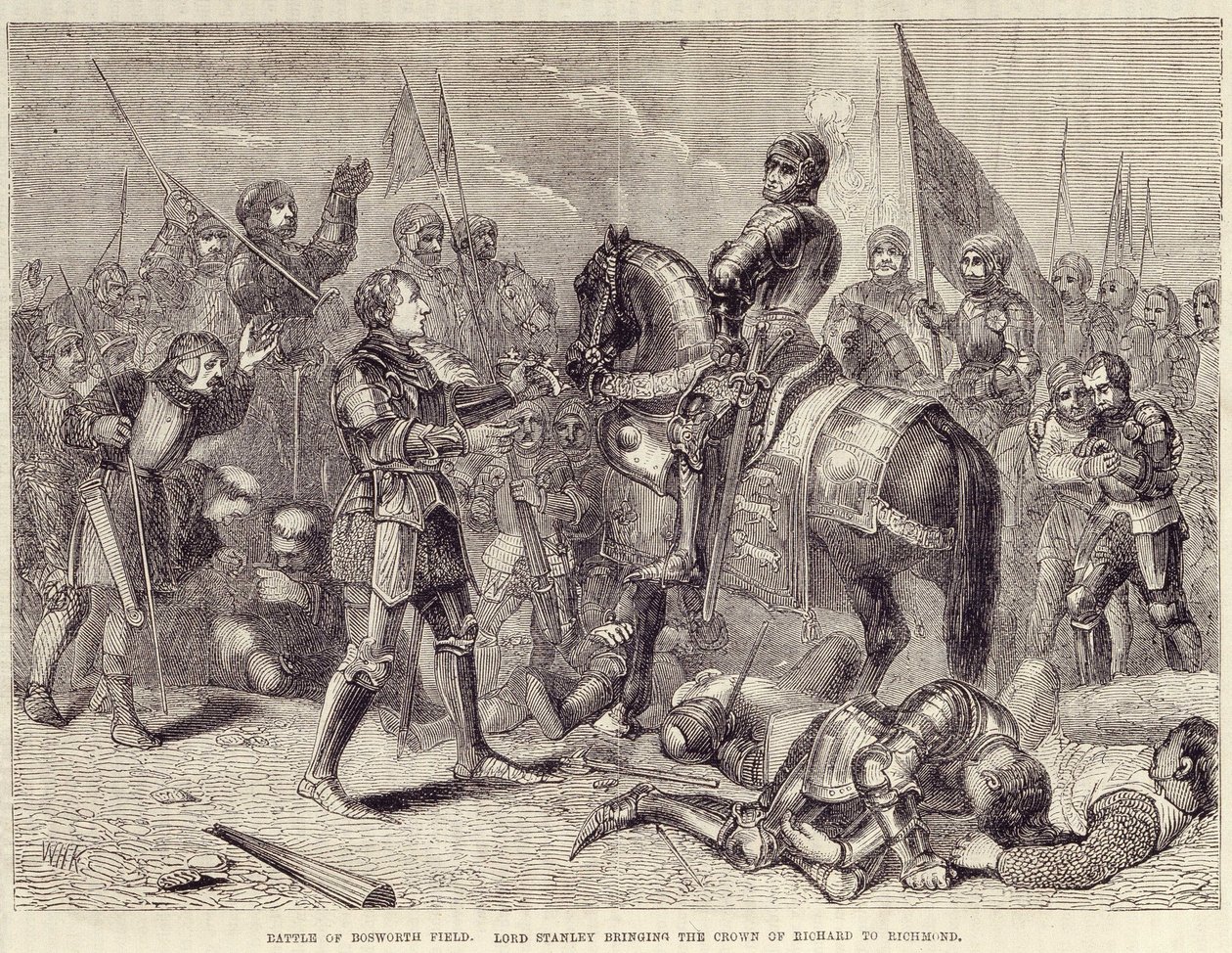 Bosworth-i csata mező. Lord Stanley III. Richard koronáját Richmondba viszi (1485): a két rózsa háborújának vége – „” Cassell illusztrált Anglia történelmében”, 2. köt. II, William Howitt alkotó: British School